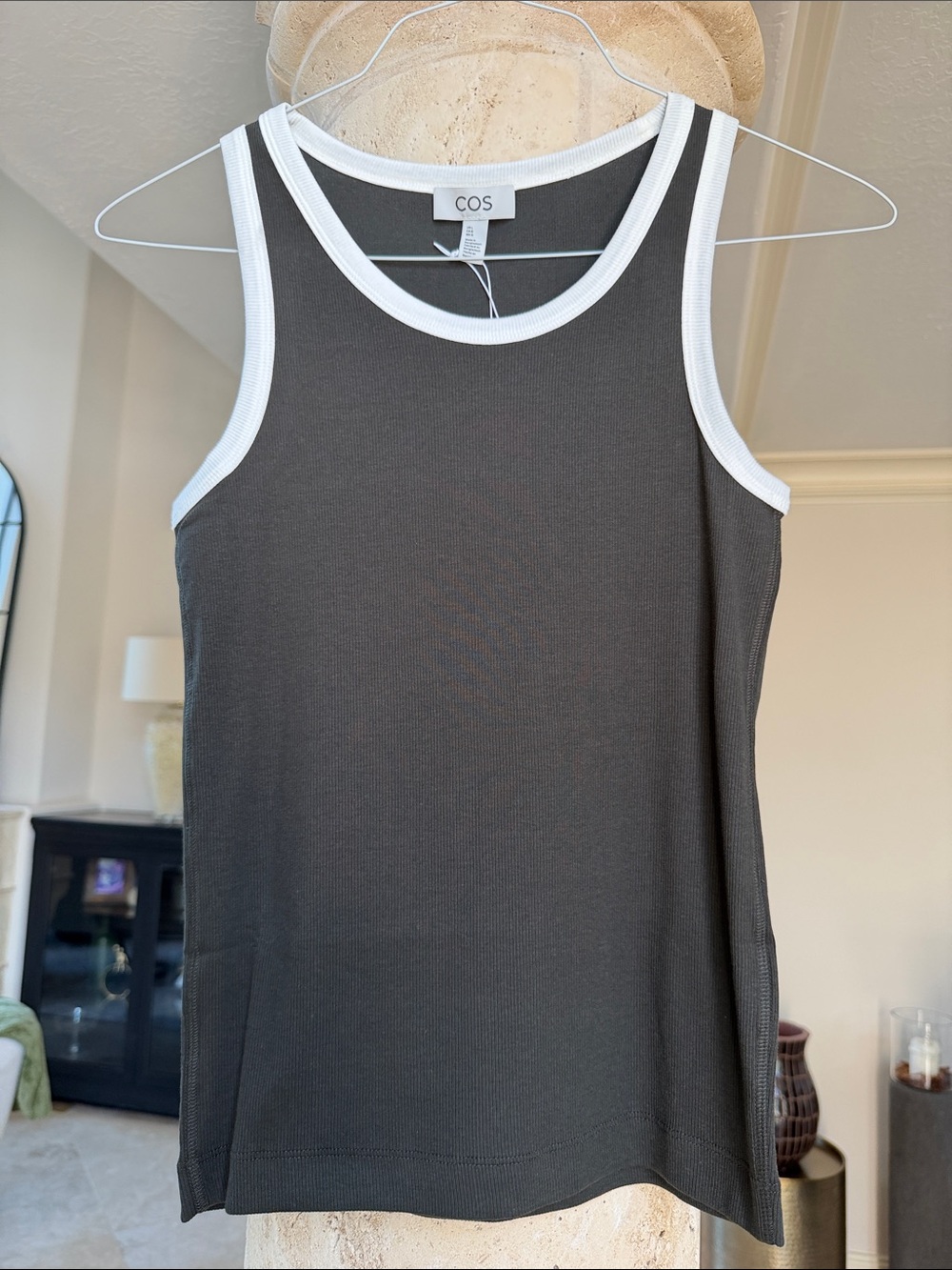COS NWT Charcoal Colored Tank Top with White Trim size L
